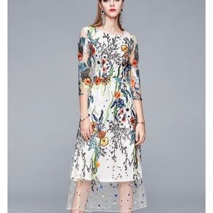 Mesh embroidery midi dress floral, custom broch